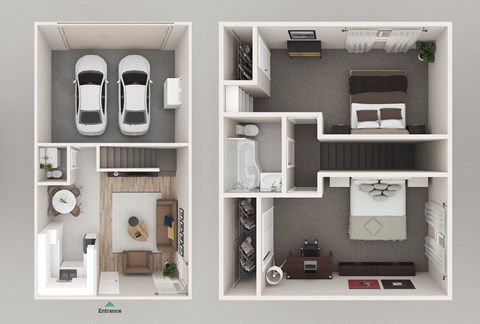 a 3d rendering of a bedroom and a living room with 3d floor plans